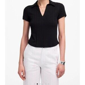 Madewell Rib V-Neck Short Sleeve Polo Top Size XXS Black NS559